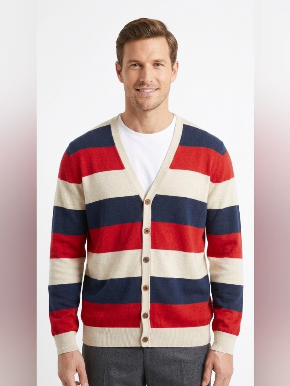 NWOT Large H&M Striped Red, Navy & Cream Button Cardigan